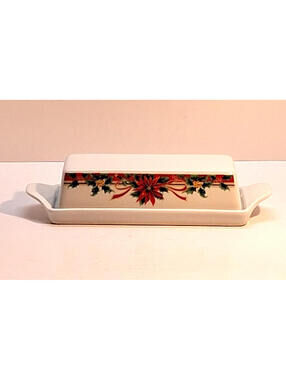 Poinsettia Gallery By Inhesion 1/4 lb. Butter Dish  Porcelain Christmas 1990s
